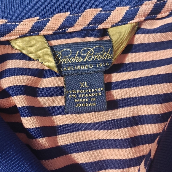Brooks Brothers Golf Tennis Polo Shirt Size XL Peach Blue Stripe Preppy Stretch - Picture 6 of 8
